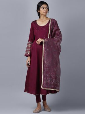 WISHFUL by W Maroon Anarkali Kurta -tights- Dupatta (wishful X Rahul Mishra) - Set Of 3