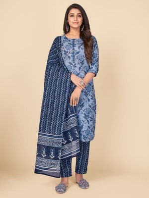 Women Pure Cotton Embroidered Blue Kurta With Pant And Dupatta main image 0
