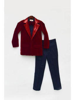 Fayon Kids - Maroon Velvet Coat and Shirt Pants (Set of 3)