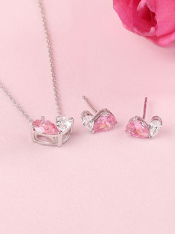 Ornate Jewels - Toi Et Moi 925 Silver Pink CZ Necklace With Earring Jewellery Set for Women & Girls (One Size)