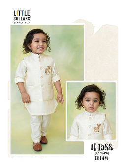 Little Collars - Boys Reindeer Ethnic Jacket With Kurta & Pajama - Cream
