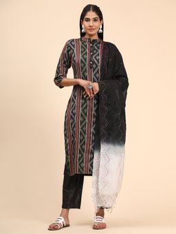 Vbuyz - Printed Straight Cotton Blend Black Stitched Kurta Pant With Dupatta(1949) (Set of 3)