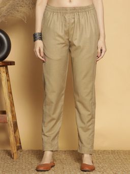 LetsDressUp - Beige Fabric Solid Straight Pant