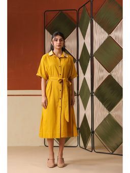 Scakhi - Mustard Cotton Blend Embroidered A-Line Dress