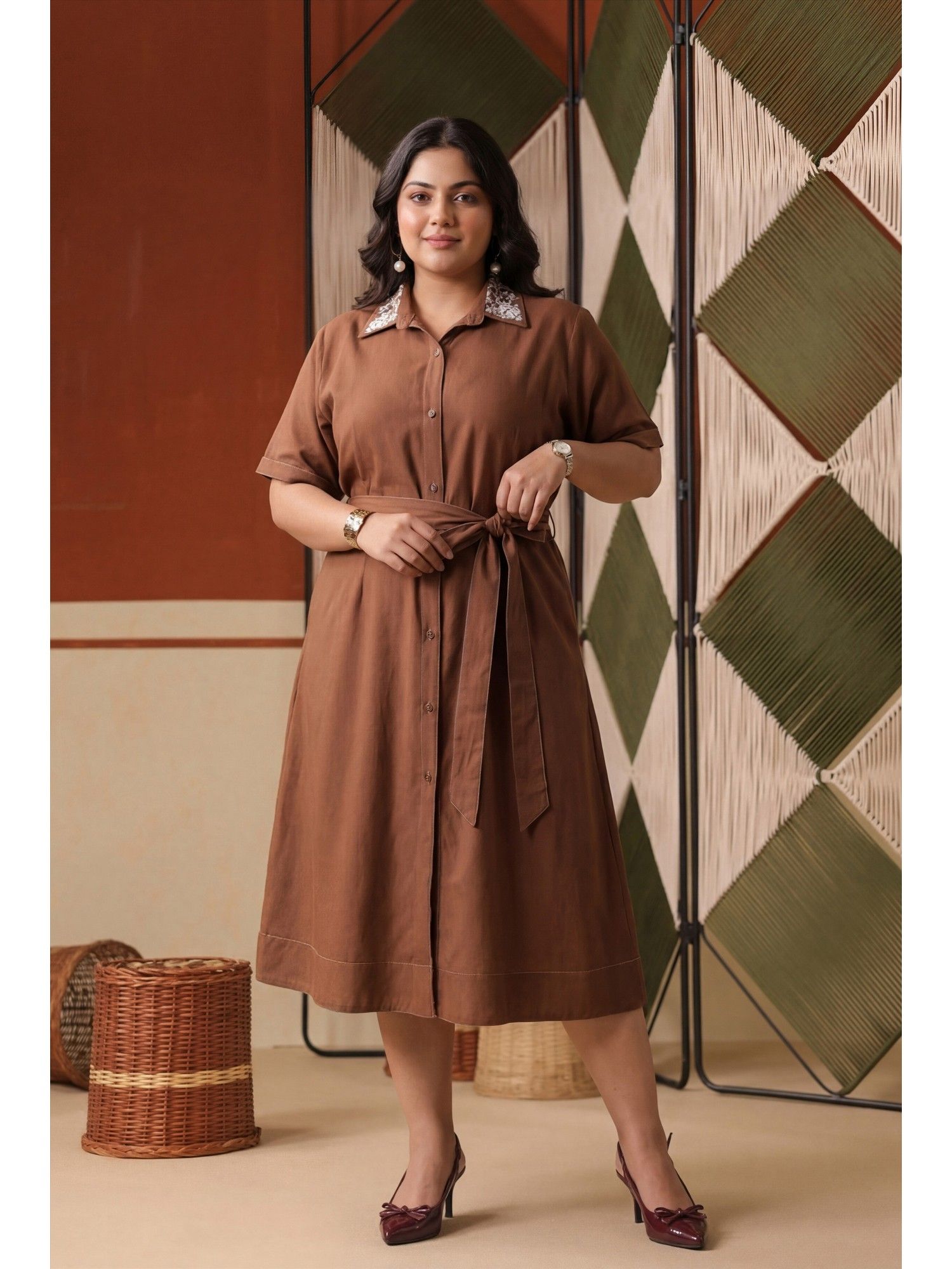 scakhi Brown Cotton Blend Embroidered A-Line Dress-picture-29