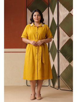 Scakhi - Mustard Cotton Blend Embroidered A-Line Dress
