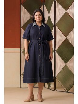 Scakhi - Indigo Cotton Blend Embroidered A-Line Dress