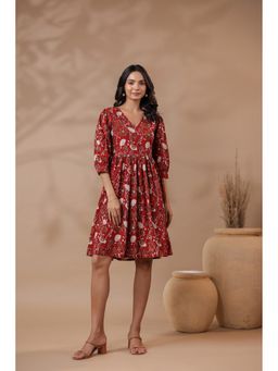 Jaipur Morni - Red Cotton Floral Flared Dress