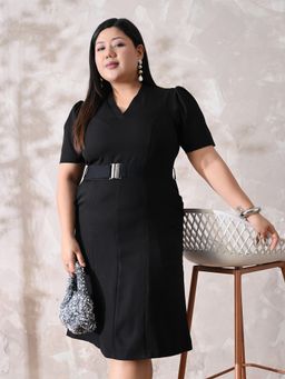 Desi Noor - Black Scuba Solid A-Line Dress with Belt