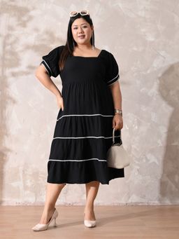 Desi Noor - Black Rayon Solid Flared Dress