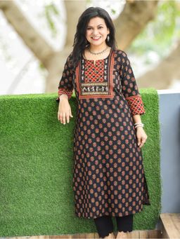 DESI SANDOOK - Black Cotton Printed Straight Kurta
