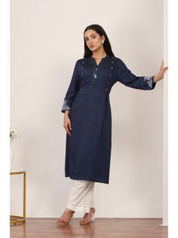 Rangriti - Blue Polyviscose Embroidered Straight Kurta