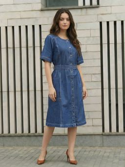 KAFTANIZE - Blue Cotton Solid A-Line Dress with Belt