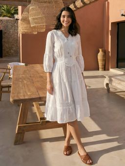 KAFTANIZE - White Jacquard Embroidered A-Line Dress