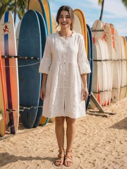 KAFTANIZE - Off White Cotton Embroidered A-Line Dress