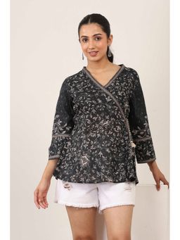 Rangriti - Black Cotton Floral A-Line Kurti