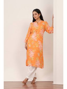Rangriti - Orange Rayon Floral Straight Kurta