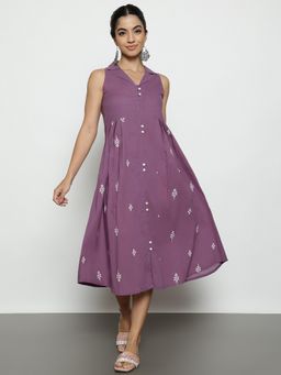 Vbuyz - Purple Cotton Embroidered A-Line Dress