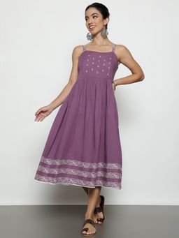 Vbuyz - Purple Cotton Embroidered Flared Dress