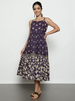Vbuyz - Purple Cotton Floral Flared Dress