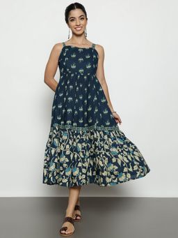 Vbuyz - Turquoise Cotton Floral Flared Dress