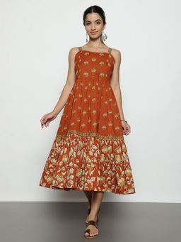 Vbuyz - Rust Cotton Floral Flared Dress