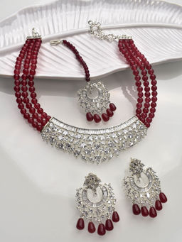 Peach Tassels - Red & White Stone Beads Necklace Set