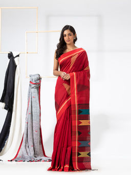 Angoshobha - Red Cotton Blended Festive Jamdani Saree with Unstitched Blouse