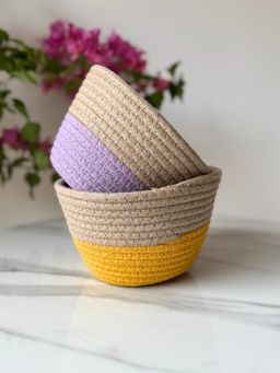 JASMEY HOMES - Bloom & Glow Cotton Tokri Set Yellow & Lavender Organiser