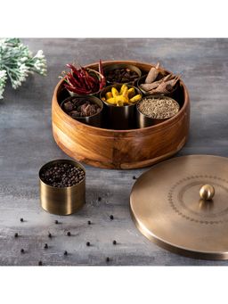 Nestroots - Inscribe Acacia Wood Masala Box - Gold