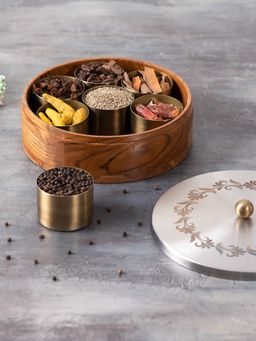 Nestroots - Inscribe Acacia Wood Masala Box - Silver
