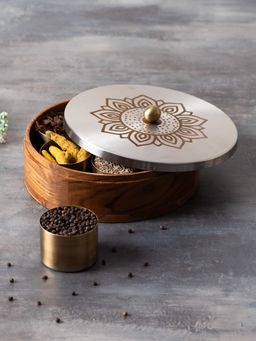 Nestroots - Inscribe Acacia Wood Masala Box - Floral Silver