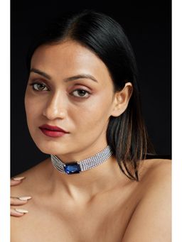 AMOSSH - Blue Anti Tarnish Rhinestone Choker with Glass Centerstone