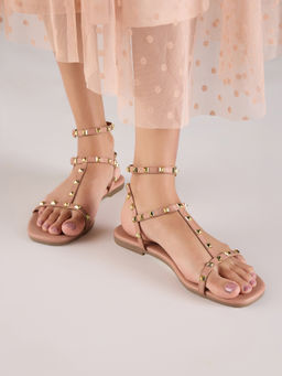 Twenty Dresses by Nykaa Fashion - Nude Pink Studded Ankle Strap Flats