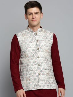 SHOWOFF - Mens Printed Cream Ethnic Nehru Jacket