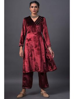 W - Dark Red Mock Angrakha Embroidered Kurta with Straight Pants