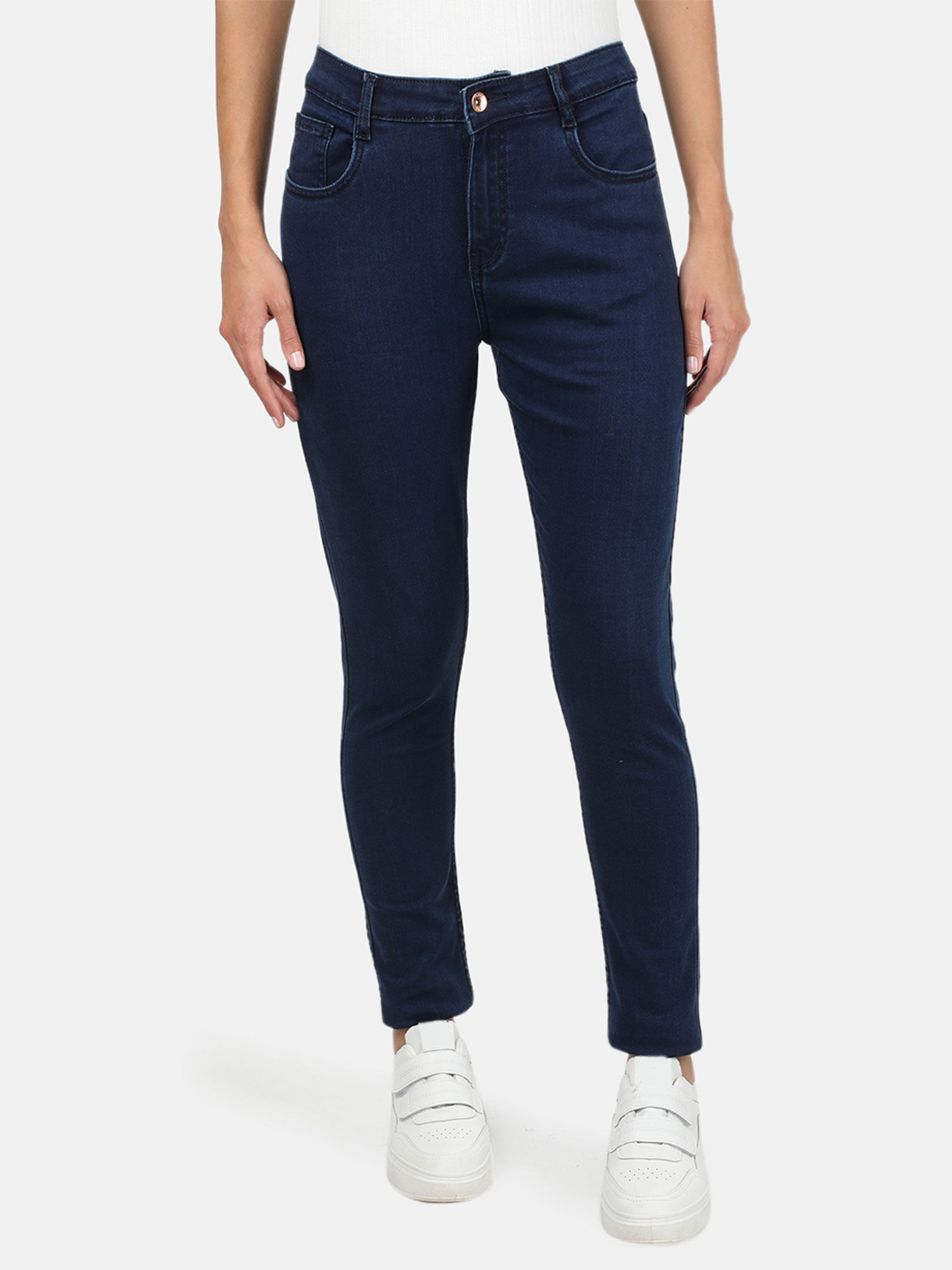Blue Solid Cotton Blend Denim 