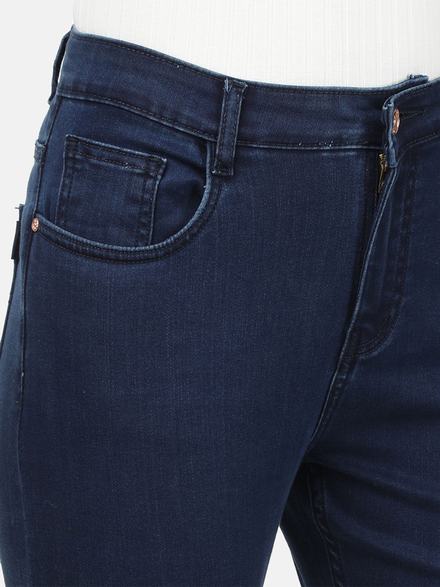 Blue Solid Cotton Blend Denim 