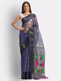 Angoshobha - Navy Blue Art Silk Muslin Handloom Jamdani Saree with Unstitched Blouse