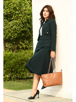 Exude - Exuberant Mandarin Collar Blazer with Midi A-line Skirt - Emerald Green (Set of 2)