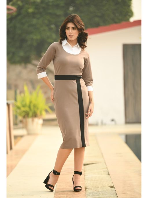 beige sheath dress Beige round neck Sheath Dress