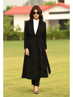 Exude - Dedication Suede Leather Long Wrap Coat - Black (Set of 2)