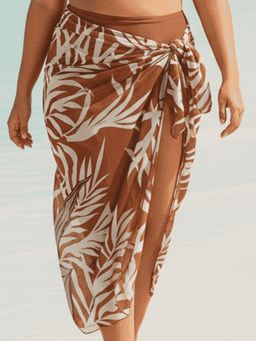 Addery - Tropical Leaf Print Tie-Front Chiffon Sarong Beach Cover-Up