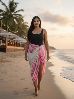 Addery - Cream And Hot Pink Botanical Print Grecian Border Sarong Beach Cover-Up