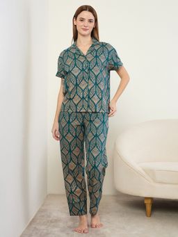 Sweet Dreams - Womens Geometric Printed Front Open Shirt And Pyjama Green