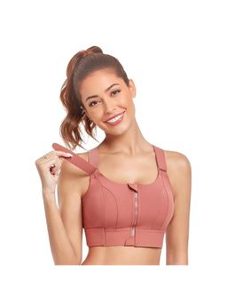 BRACHY - Women Plus Size Front Zip High Impact Adjustable Straps Sport Bra Rose Pink