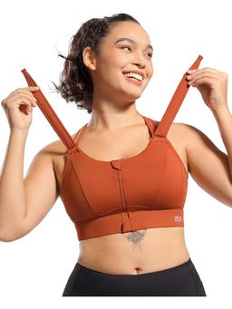 BRACHY - Women Plus Size Front Zip High Impact Adjustable Straps Sport Bra Brown