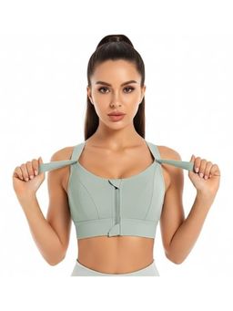 BRACHY - Women Plus Size Front Zip High Impact Adjustable Straps Sport Bra Grey