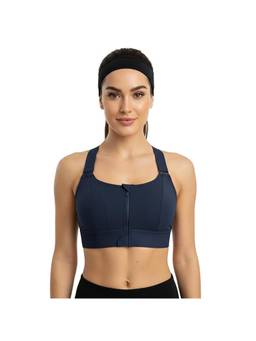 BRACHY - Women Plus Size Front Zip High Impact Adjustable Straps Sport Bra Navy Blue