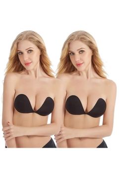BRACHY - Silicone Adhesive Invisible Sticky Strapless Push Up Plunge Bra Black (Pack of 2)